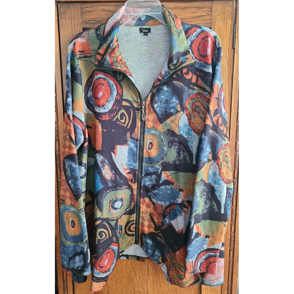 Shana Womens Abstract Geometric Zip Up Jacket Tunic Top Multicolor Large Blouse